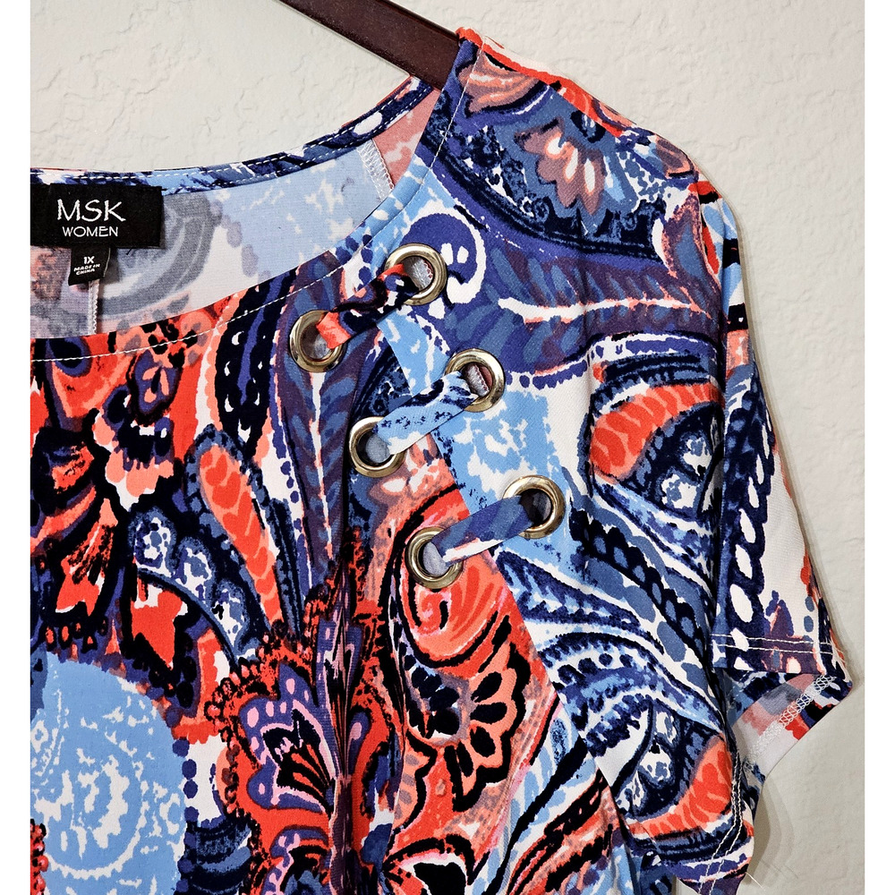 MSK Womens Dress Red White Blue Paisley Floral Stretch Short Sleeve Rivet 1X - Picture 4 of 8